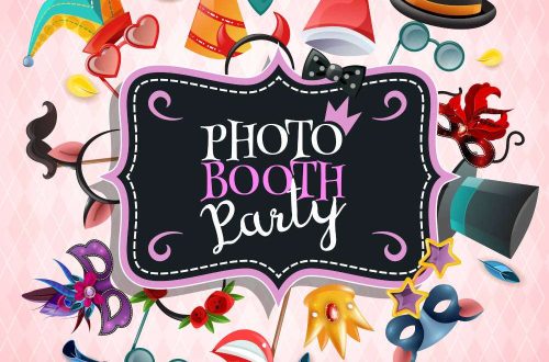 Photo booth party background with vintage invitation plate and frame consisting of carnival props cartoon icons vector illustration